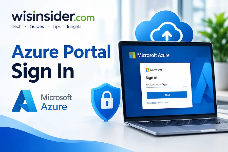 Azure Portal Sign In guide showing a secure cloud account login screen on a computer, with a simple and professional design for users learning how to access the Azure Portal. The image highlights the sign-in process and provides a clear visual for an Azure login tutorial. This featured image is created for wisinsider.com and is designed to support the article about Azure Portal Sign In, account access, login steps, and common sign-in issues for beginners looking for simple guidance online.