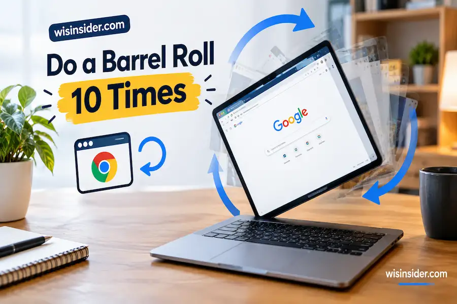 Do a Barrel Roll 10 Times on Google shown on a laptop with rotation arrows and wisinsider.com branding