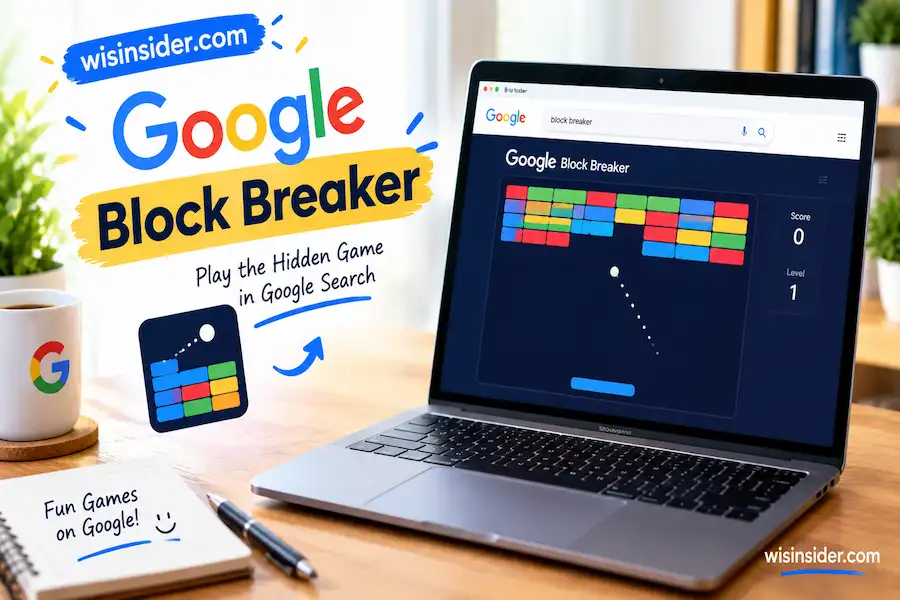 Google Block Breaker game displayed on a laptop with colorful blocks and paddle, featuring wisinsider.com branding
