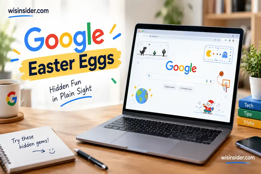 Google Easter Eggs displayed on a laptop with playful hidden features and wisinsider.com branding