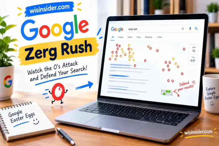 Google Zerg Rush Easter egg game on a laptop with attacking O characters and wisinsider.com branding
