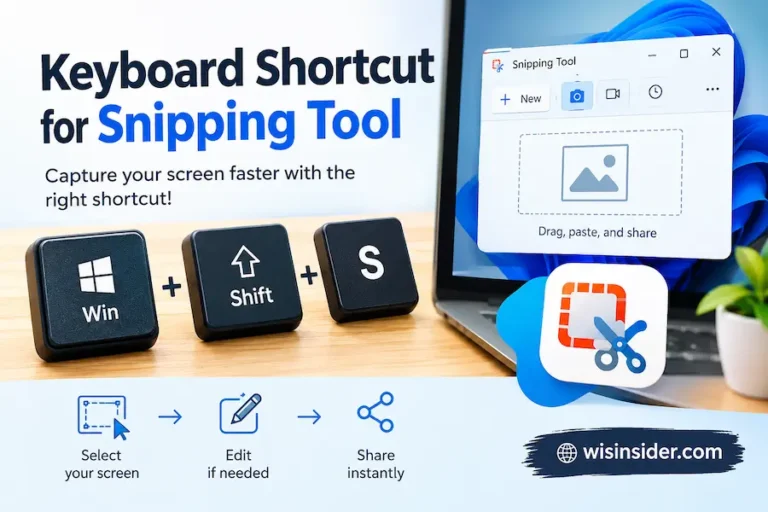 Keyboard Shortcut for Snipping Tool showing Win + Shift + S keys on Windows, with wisinsider.com branding