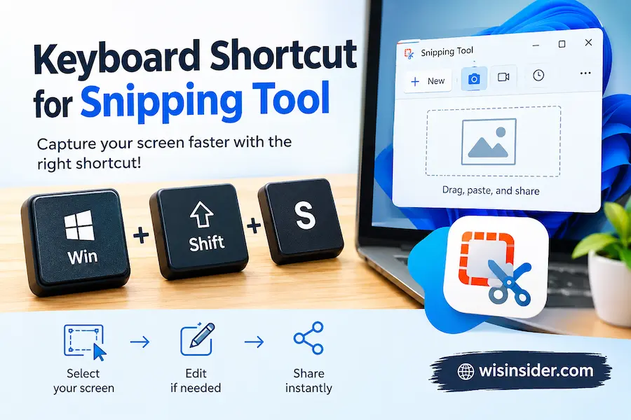 Keyboard Shortcut for Snipping Tool showing Win + Shift + S keys on Windows, with wisinsider.com branding