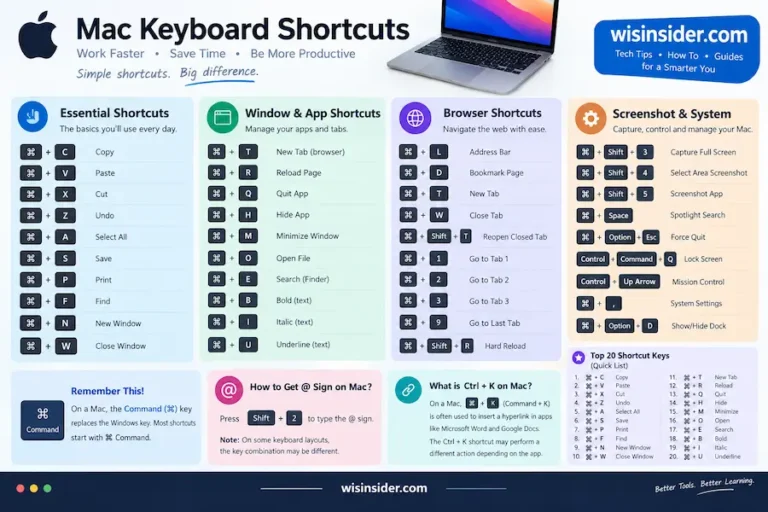 Mac keyboard shortcuts guide showing common Command (⌘) shortcuts for copy, paste, save, screenshots, browser navigation, and system controls, with wisinsider.com branding.