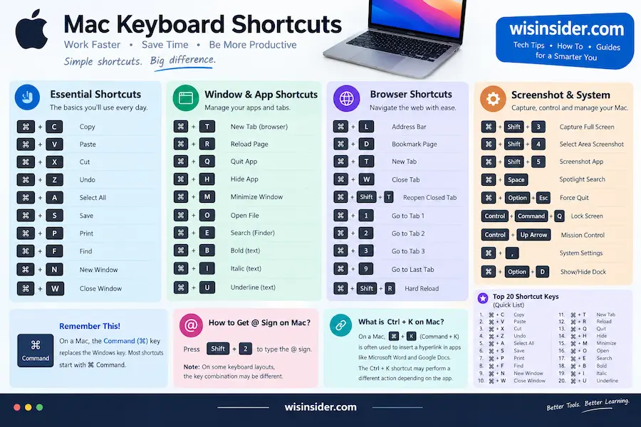 Mac keyboard shortcuts guide showing common Command (⌘) shortcuts for copy, paste, save, screenshots, browser navigation, and system controls, with wisinsider.com branding.