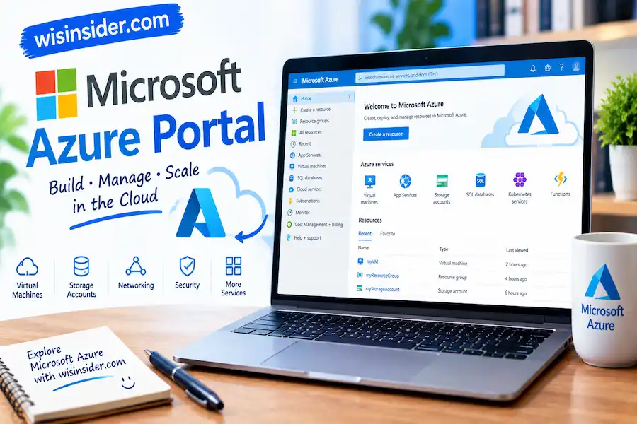 Microsoft Azure Portal dashboard displayed on a laptop with Azure cloud services and wisinsider.com branding