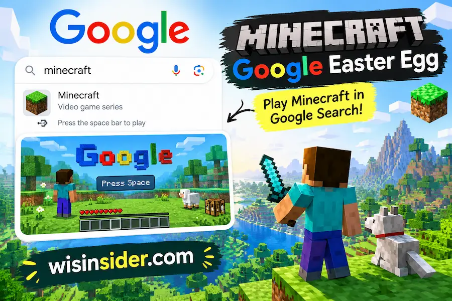 Minecraft Google Easter Egg showing a Minecraft-themed Google Search trick with Steve, a wolf, pixel-art scenery, and wisinsider.com branding.