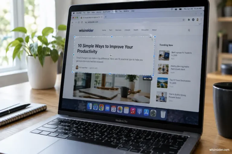 MacBook screen showing the Shortcut for Snipping Tool on a wisinsider.com webpage