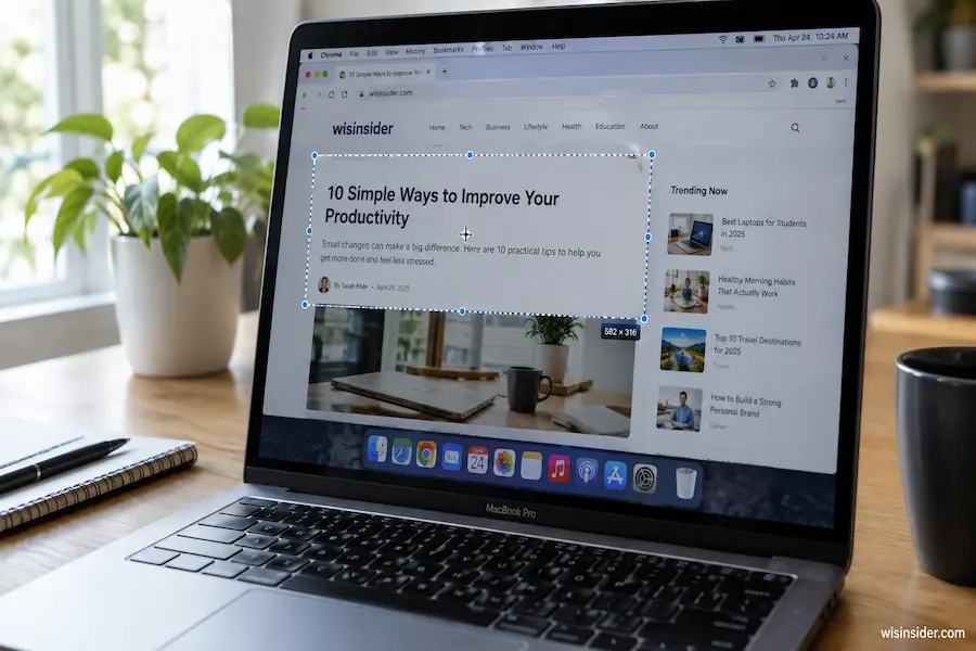 MacBook screen showing the Shortcut for Snipping Tool on a wisinsider.com webpage