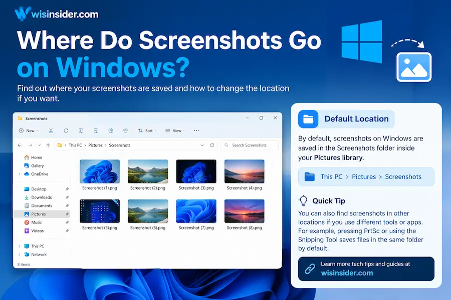 Where Do Screenshots Go on Windows? showing the Screenshots folder on a Windows PC, with wisinsider.com branding