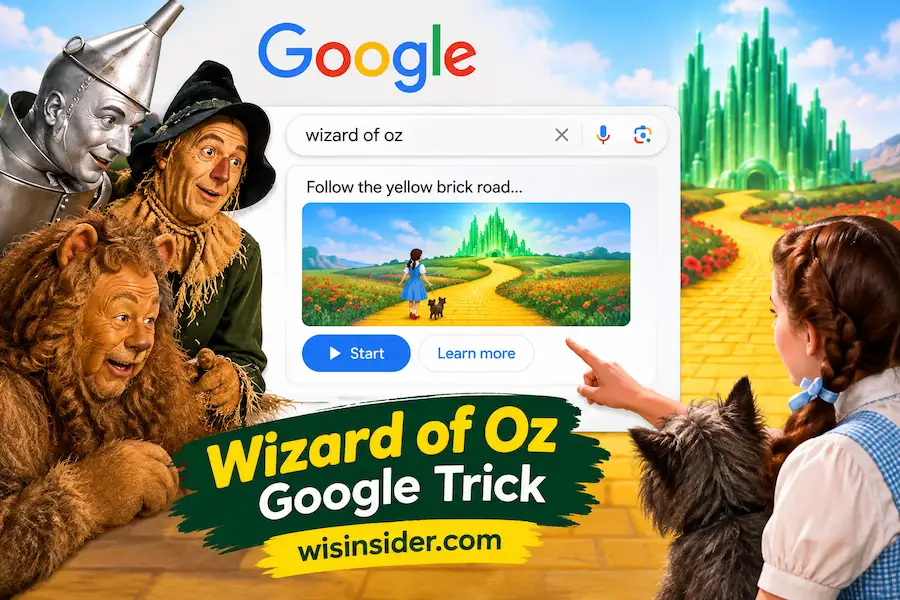 Wizard of Oz Google Trick featuring ruby slippers, a tornado effect, and wisinsider.com branding.