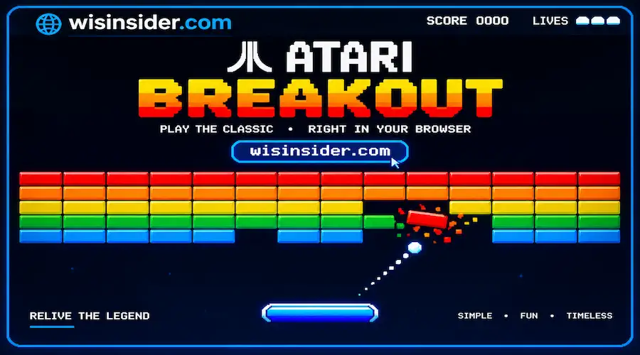 Atari Breakout Google game featuring colorful retro bricks, a glowing ball and paddle, with wisinsider.com branding on a neon arcade background.