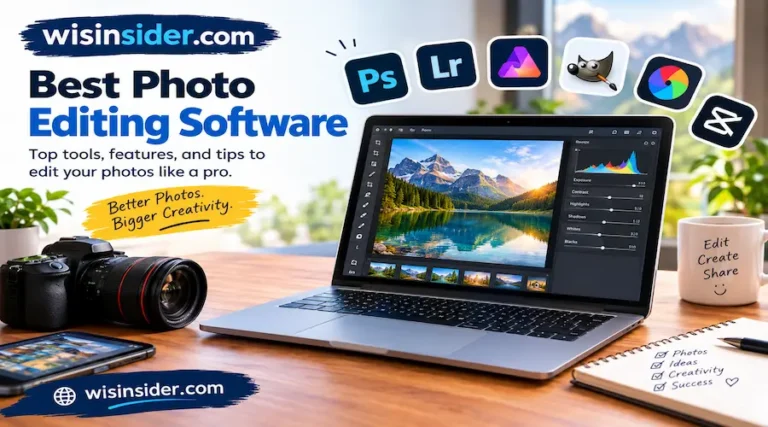 Best Photo Editing Software with popular editing tools displayed on a laptop, featuring wisinsider.com branding.