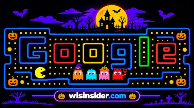 Google Pac-Man Halloween Doodle featuring a retro pixel-art maze, Pac-Man, colorful ghosts, glowing pumpkins, and a haunted house under a full moon, with wisinsider.com branding.
