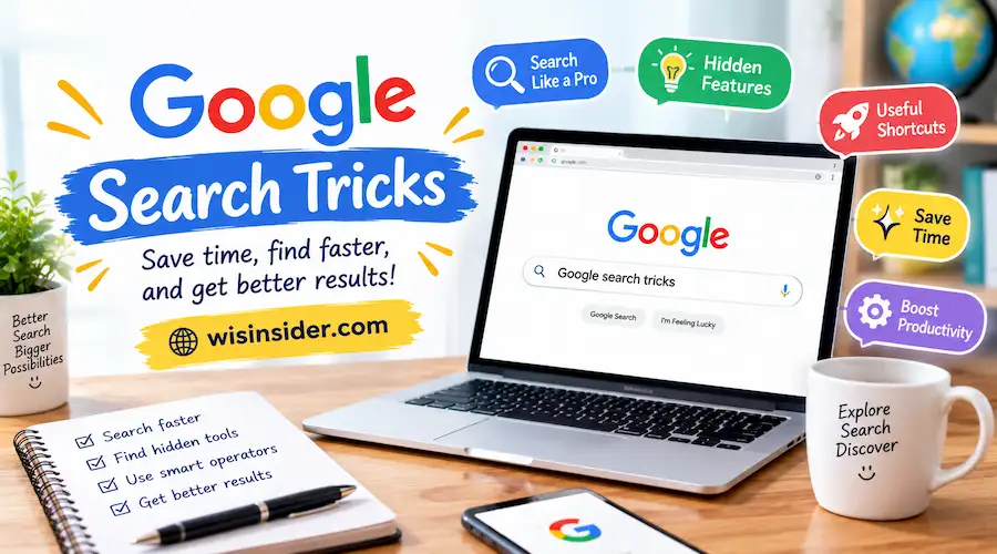 Google Search Tricks with laptop, search tips and wisinsider.com branding