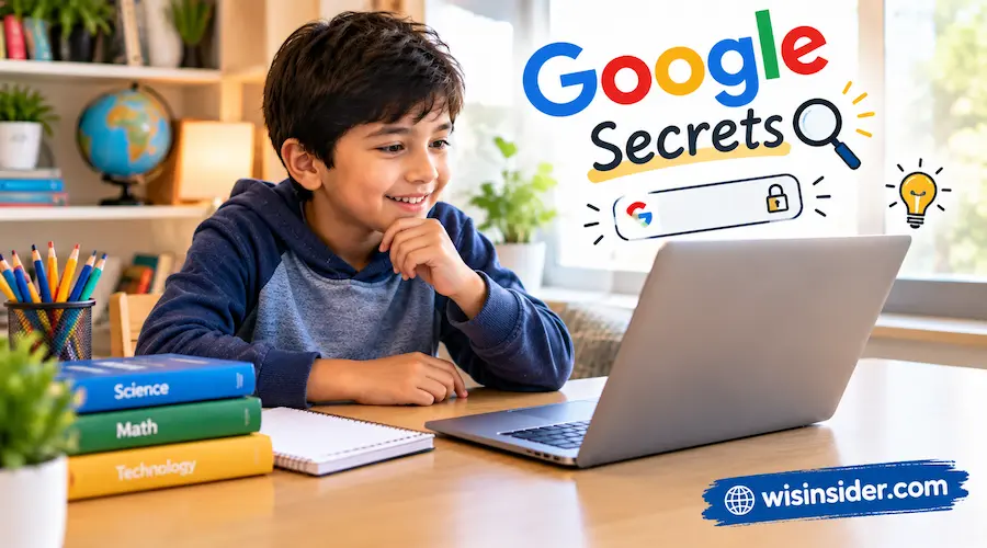Google Secrets concept with a child exploring hidden Google features on a laptop at a home study desk, with science and technology books and wisinsider.com branding.