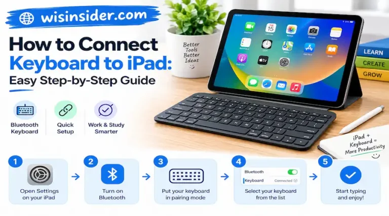 How to Connect Keyboard to iPad step-by-step guide showing an iPad with a wireless keyboard, Bluetooth pairing instructions, and device setup tips, featured on wisinsider.com.