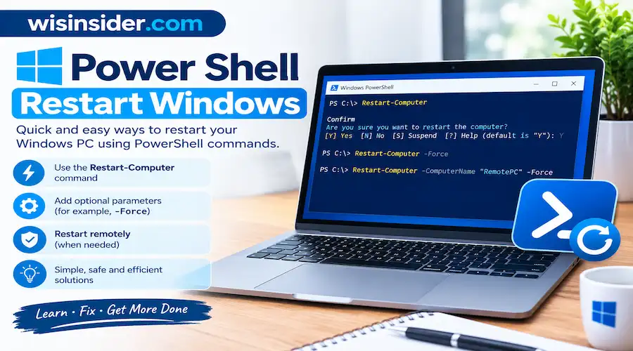 PowerShell Restart Windows tutorial showing the Restart-Computer command and optional -Force parameter on a laptop screen, with PowerShell restart instructions by wisinsider.com.