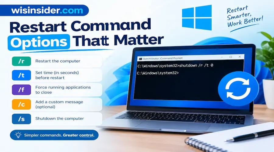 Windows restart command options explained, including shutdown command parameters for restarting a PC, with a Command Prompt example on wisinsider.com.
