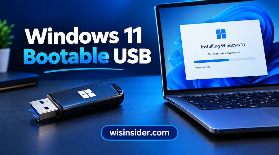 Windows 11 Bootable USB drive with a laptop displaying Windows 11 installation, featuring wisinsider.com branding.