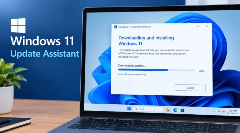 Windows 11 Update Assistant downloading and installing the latest Windows 11 update on a laptop.