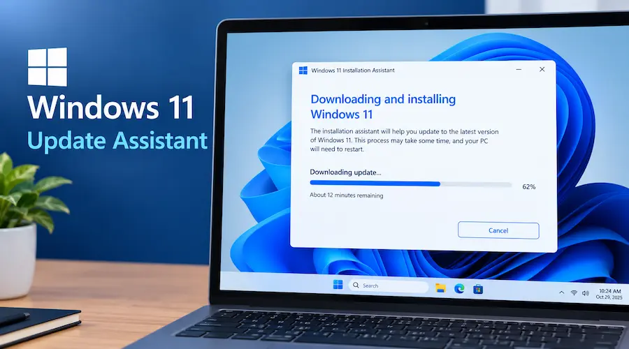 Windows 11 Update Assistant downloading and installing the latest Windows 11 update on a laptop.