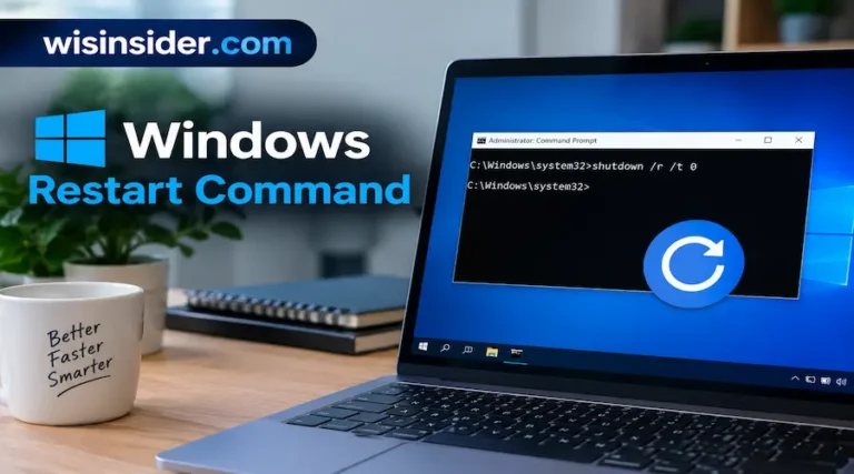 Windows Restart Command using Command Prompt with the shutdown /r /t 0 command on a laptop, featured on wisinsider.com.